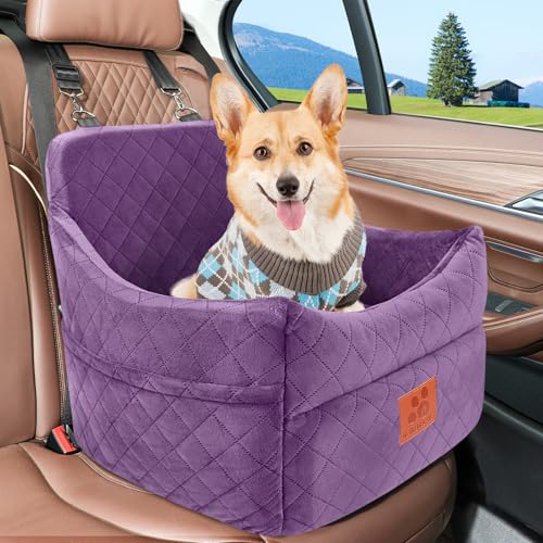 GL GLENSLAVE Dog Car Seat for Small/Medium Dogs, Dog Booster Car Seats with Thick Cushion for Dogs Under 35lbs, Detachable Washable Pet Carseat with Storage Pockets, 2 Safety Belts(Purple) - color: Purple