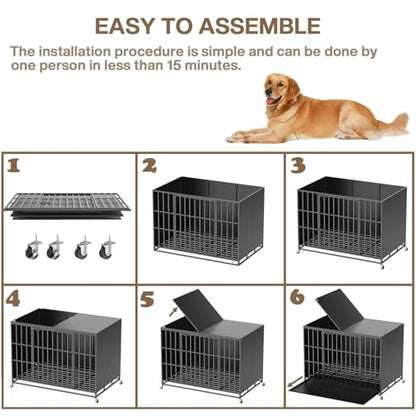 LEMBERI 48/42 inch Heavy Duty Indestructible Dog Crate, High Anxiety Extra Large Dog Cage for Large Dogs, XL Steel Escape Proof Dog Kennel with Wheels and Removable Tray (Black, 47.2*30.7*34.6 inch) - color: Black, size: 47.2"L x 30.7"W x 34.6"H