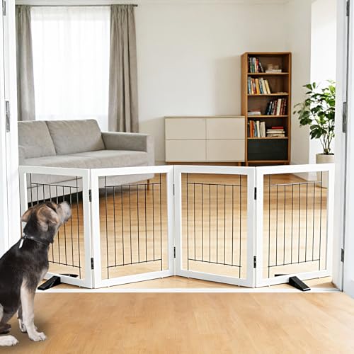 Dog Fence Indoor - 4-Panel Freestanding Dog Gate for Doorways, Hallways, House or Stairs -80x24-Inch Retractable Foldable Expandable Wood Pet by SFJC (White) - color: White, size: 【4 Panels】80''w X 24''h