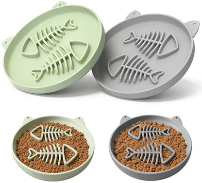 Slow Feeder Cat Bowl, 2 PCS Silicone Cat Bowl, Slow Feeder Ideal for Dry and Wet Food, Easy to Clean, Interactive Puzzle Toy for Pets Food Training, Keeps Cats Busy,6.69" W*0.65" H - color: 2Pack-Grey Green&Grey