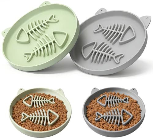 Slow Feeder Cat Bowl, 2 PCS Silicone Cat Bowl, Slow Feeder Ideal for Dry and Wet Food, Easy to Clean, Interactive Puzzle Toy for Pets Food Training, Keeps Cats Busy,6.69" W*0.65" H - color: 2Pack-Grey Green&Grey