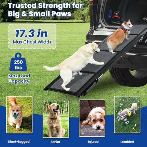 Dog Ramp for Car, Pawlify 71" x 17.3" Dog Ramps for Large Dogs with Anti-Pinch Handle and Anti-Slip Rug Surface, Folding Dog Ramp Up to 250LBS, Portable Dogs Car Ramp for SUV, Trucks - size: 71" L x 17.3" W