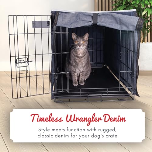 Wrangler Denim Dog Crate Cover – Durable, Breathable & Stylish Dog Kennel Cover with Rollable Panels & Front Pocket for Accesories - Machine Washable Crate Covers for Dog Cages (M) - size: M