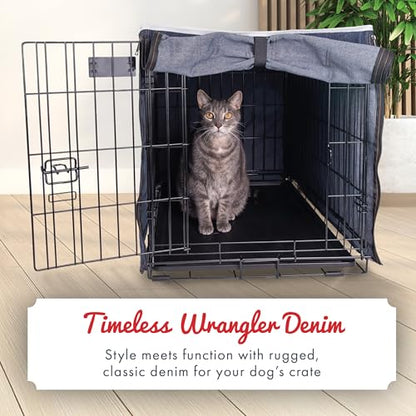 Wrangler Denim Dog Crate Cover – Durable, Breathable & Stylish Dog Kennel Cover with Rollable Panels & Front Pocket for Accesories - Machine Washable Crate Covers for Dog Cages (M) - size: M