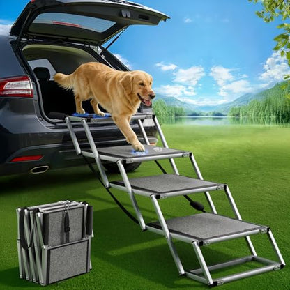 Dog Stairs for Large Dogs, 𝟐𝟎'' 𝐄𝐱𝐭𝐫𝐚 𝐖𝐢𝐝𝐞 Foldable Dog Ramp for Car, SUV & Truck, Non-Slip DogSteps for High Beds, 4-Step Aluminum Frame, Supports up to 250 lbs