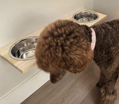 Chic, Floating, Wood, Height-Flexible Wall Mount Dog/Cat/Pet Food & Water Bowl Holder/Feeder with 3 S.S. Dishwasher-Safe Bowls (~ 2 Quart / 64 oz / 1890 ml) for Large Pets. 3-Screw Installation.