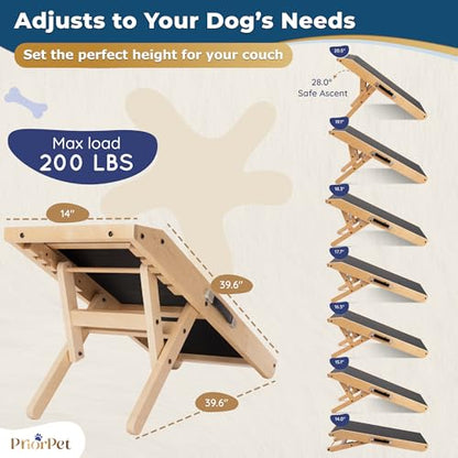 Dog Ramp for Couch – Non-Slip, Sturdy Build Foldable Wooden Dog Ramp – Supports up to 200 lbs – 7 Adjustable Heights (14"–20.5") – Enhanced Stability – Birchwood Pet Ramp for Small Dogs – Natural - color: Natural