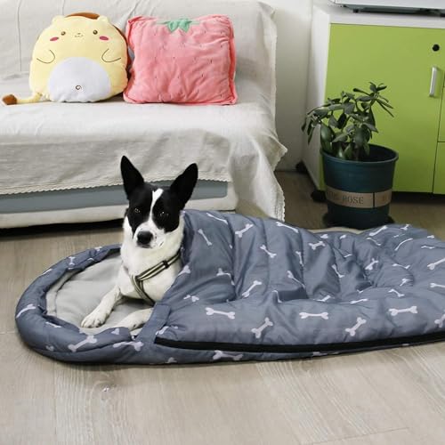 Waterproof Dog Sleeping Bag, Warm Insulated Packable Pet Bed Mat with Anti-Slip Bottom & Storage Bag, Tear-Resistant Portable Dog Bed for Indoor Car Travel Camping Hiking Backpacking (Bone,L) - color: Bone