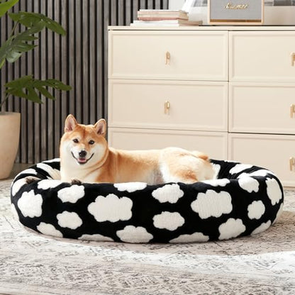 JOEJOY Donut Large Dog Bed, Cute Round Calming Dog Bed with Removable Washable Cover, Orthopedic Pet Beds with Jacquard Shaggy Plush & Non Skid Bottom, Black - color: Black, size: L (36x36x10)