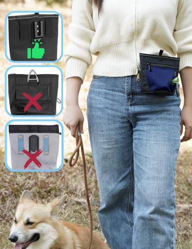 Gobeigo Dog Treat Pouch and Training Clicker, Upgrade Two Magnetic Closure to Prevent Spills, 2 Cup Treat Bag with Poop Bag Dispenser, Metal Clip Waist Belt Fanny Pack for Pet Walk (Black/Blue) - color: F-Black/Blue