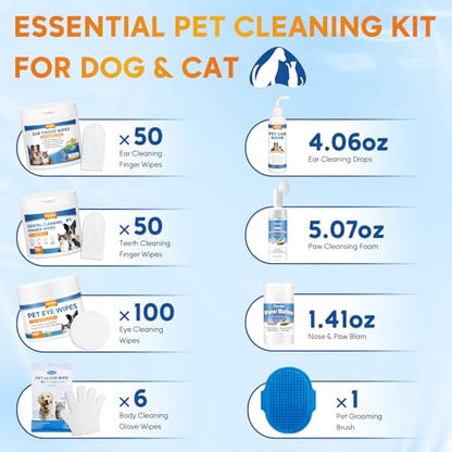 Pjordo Dog Wipes Cleaning Deodorizing, Grooming Wipes & Paw Cleaner, Pet Cleaning Kit for Teeth, Ears, Eyes, Paw, Body, Ear Rinse, Essential Dog Supplies Set