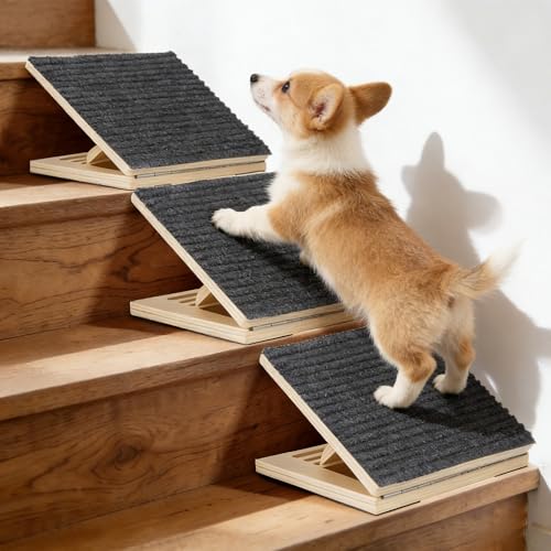 Dog Ramp for Stairs, 3 Pack Wooden Dog Stair Ramps for Small Dogs Only, Foldable Non-Slip Pet Ramp for Short Indoor Stairs, Adjustable Step Support for Senior & Short-Legged Pets - size: 3 Pack