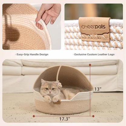 CHEERPALS Cat Basket Bed with Washable Cushion and Ball Rope Cotton, Covered Pet Bed for Indoor Cats Cave Bed Hooded, Stimulicat Cat Bed Handwoven Breathable, All Season Universal(White) - color: White