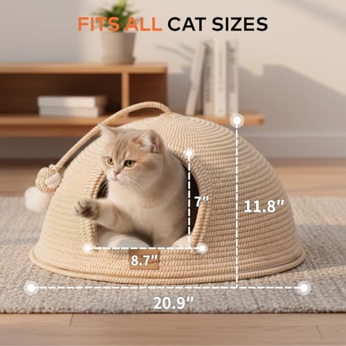 Cat Cave Bed with Washable Cushion and Ball, Handwoven Cotton Rope Cat Basket Bed for Indoor Cats Bed Covered, 3-in-1 Scratching, Playing & Sleeping, All Season Universal(White)