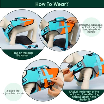 Kuoser Dog Life Jacket with Reflective Strips, High Visibility Dogs Swim Vest with Rescue Handle, Adjustable Dog Life Vest for Swimming, Boating, Pool & Beach, Doggy Lifejacket Small Medium Large Dogs - color: Blue, size: Small (Chest Girth:16.9-21.3'')