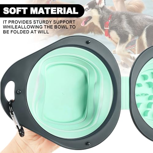 2-in-1 Green Collapsible Dog Bowls with Carabiner | Foldable Water Bowl(320ml) Foldable Slow Food Bowl(130g) for Dogs Cats Travel Hiking Camping - color: Green