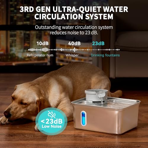 8L/270oz Stainless Steel Large Dog Water Fountain Dispenser Bowl | Premium stainless steel filtered dog water bowl and quiet large dog fountain. Visible water level window, great for cats.