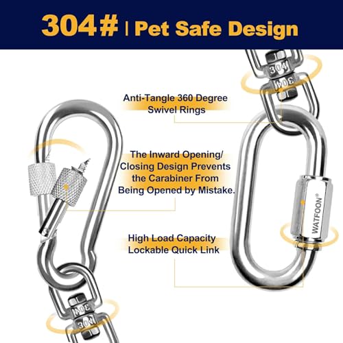 WATFOON Dog Leads for Yard, 1500LBS Break Strength, Heavy Duty Tie Out Cable for X-Large Dogs Training with Dual Rotating Hooks, Water Resistant Dog Chain Leads for Outside Camping (Black, 10FT) - size: 10FT
