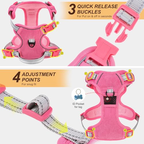 BEAUTYZOO No Pull Dog Harness Large, Adjustable Dog Harness and Leash Set -Easy Wearing with 3 Buckles/Control Handle,No Choke Soft Padded Reflective Pet Vest for Training Walking Hiking,Rose M - color: Solid Rose, size: M: chest 16"-28"