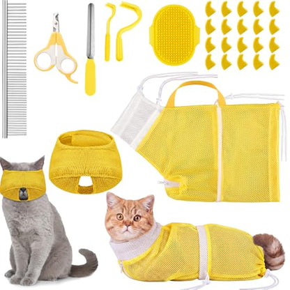 9 Pcs Cat Bathing Bag Set Cat Shower Bag Anti Bite and Scratch for Pet Grooming Washing Brush Comb Muzzle Nail Clipper Nail File Tick Tool (Yellow) - color: Yellow