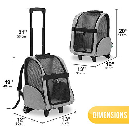 KOPEKS Deluxe Backpack Pet Travel Carrier with Double Wheels for Pets up to 10 Pounds - Black - Approved by Most Airlines - color: Grey, size: 13.0"L x 12.0"W x 20.0"H