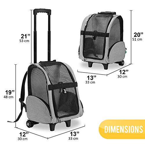 KOPEKS Deluxe Backpack Pet Travel Carrier with Double Wheels for Pets up to 10 Pounds - Black - Approved by Most Airlines - color: Grey, size: 13.0"L x 12.0"W x 20.0"H