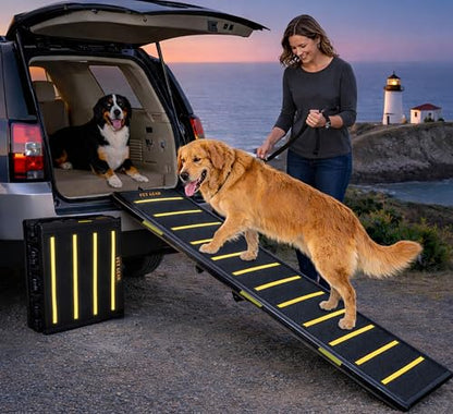 Pet Gear Tri-Fold Portable Pet Ramp for Dogs/Cats, 71", Yellow - Reflective | Extra Wide, Holds up to 200lbs, Compact/Easy Fold with Safety Tether - color: Yellow - Reflective