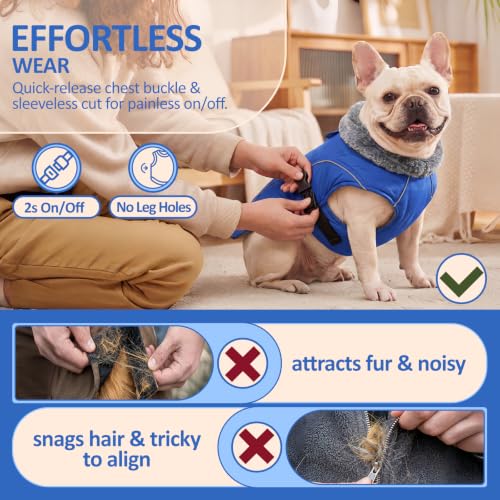 DENTRUN Warm Dog Winter Coat, Easy On Reflective Turtleneck Fleece Jacket | Adjustable buckle, easy on off, windproof & water-repellent, thick fleece snowsuit, outfit fits small to large breeds - color: Blue, size: Small