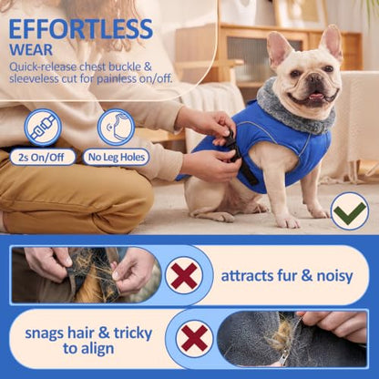 DENTRUN Warm Dog Winter Coat, Easy On Reflective Turtleneck Fleece Jacket | Adjustable buckle, easy on off, windproof & water-repellent, thick fleece snowsuit, outfit fits small to large breeds - color: Blue, size: Small