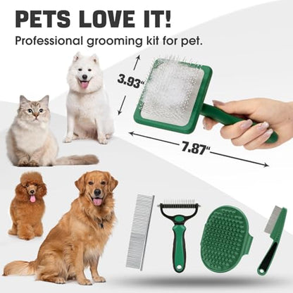 Bonteck Dog Slicker Brush for Dogs Grooming Kit 5PCS | Large Dog Brush for Goldendoodles Poodles Doodles | Long Pin Haired Brush | Poodle Brushes and Comb (Green) - color: Green