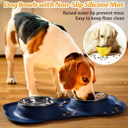Hubulk Pet Dog Bowls 2 Stainless Steel Dog Bowl with No Spill Non-Skid Silicone Mat + Pet Food Scoop Water and Food Feeder Bowls for Feeding Small Medium Large Dogs Cats Puppies (Small, Navy Blue) - color: Navy Blue, size: Small