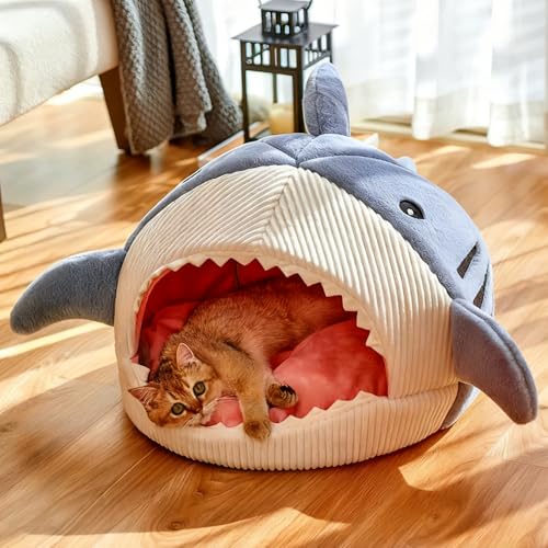 2026 New Shark Cat Bed, Shark Shaped Kennel, Anti-Slip Bottom, Cute Winter Warm Soft Sharks Mouth Cat Caves, Semi-Closed Cosy Cave Hideaway for Cats & Small Dogs (A,L) - color: A, size: L
