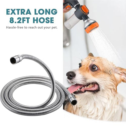 Dog 8.2ft Pup Shampoo Dispenser Jet Attachment to Shower Head Washing, 8-Setting High Pressure Pet Wash Cleaning Sprayer Bath for Bathtub Station, Adhesive Shower Holder, Indoor