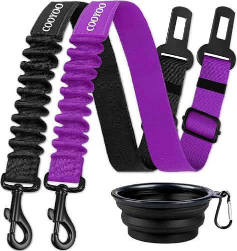 COOYOO Dog Seat Belt,3 Piece Set Retractable Dog Car Harness Adjustable for Vehicle Nylon Pet Safety Heavy Duty & Elastic - color: Set 04-Black+Purple