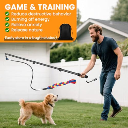 Ycozy Flirt Pole for Dogs Heavy Duty Interactive Toys Tug of War with Detachable 3 Replacement Rope Toys for Chase and Outdoor Exercise & Training for Small Medium Large Dogs (Pole - 40.6")