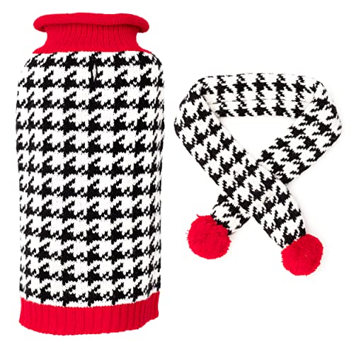 THE WORTHY DOG Houndstooth Sweater & Scarf Set Dog Sweater – Warm Pullover Dog Clothes with Leash Opening, Acrylic Double Knit & High-Cut Belly - Black, Small - color: Houndstooth - Black/White/Red, size: Small