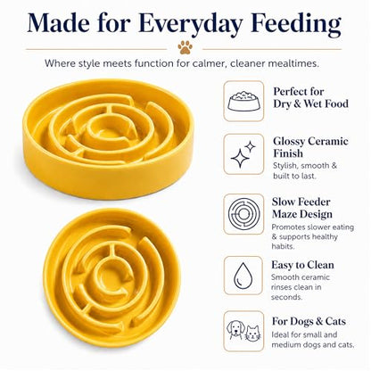 Slow Feeder Dog Bowls, Silicone Dog Bowl with Anti-Slip, Slow Feeder & Non-Slip Design, Boredom and Anxiety Reducer, Suitable for All Breed Dogs and Cat (Ceramic-Yellow) - color: Ceramic-Yellow
