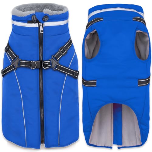 Fragralley Dog Coat with Harness Built in, Waterproof Windproof Reflective Warm Puffer Jacket, Fleece Lined Vest Winter Parka for Small, Medium, Large Dogs - color: Blue, size: X-Small