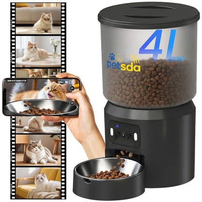 Automatic Cat Feeder with 2K Camera 5G WiFi 4L Timed Dry Food Dispenser APP Control, 15 Meals Programmable 1-20 Portion Per Day Dual Power Supply with Stainless Bowl for Multiple Pet Easy Clean