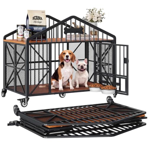 IRONCK 41.5" Foldable Dog Crate Furniture, No Assembly Required Dog Kennel Indoor with 5 Wheels, Wooden Dog Cage with 2 Rotatable Dog Bowls & Name Tag for Small/Medium Dogs, Rustic Brown