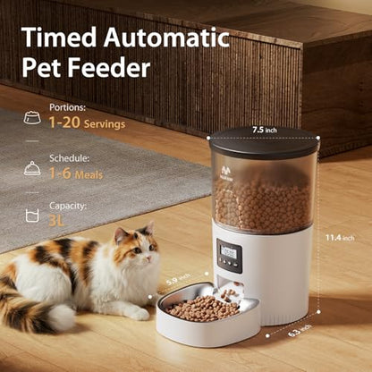 IMIPAW Automatic Cat Feeder, 3L Timed Pet Dry Food Dispenser with Clog-Free Design, Auto Feeder for Cats, 1-6 Meals Per Day, Desiccant Bags, with Stainless Steel - color: White Black, size: 3l