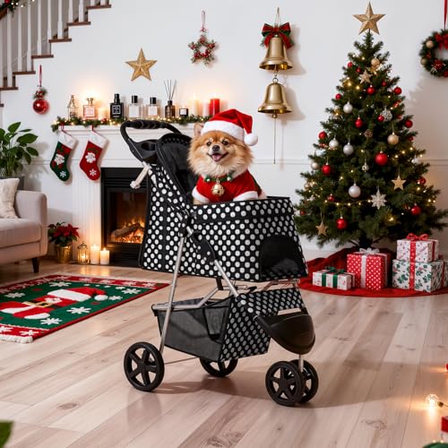 MoNiBloom 3 Wheels Pet Dog Cat Stroller for Small Medium Dogs Cats, Foldable Jogger Stroller w/Storage Basket and Cup Holder, Black Polka Dots - color: Black Polka Dots