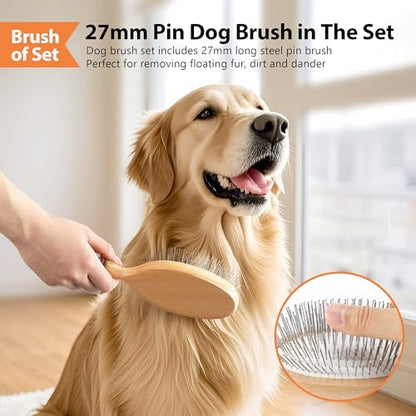 Dog Brush for Long Haired Dogs, 27mm Extra Long Metal Pin Dog Deshedding Brush and Comb Set, Short Haired Shedding Grooming Detail Pets Brush Set with Rubber Handle - color: Set-3 Pcs