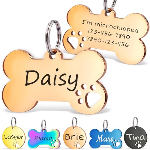 Anavia Paw Print Pet ID Tags, S/M/L Personalized Color Plated Stainless Steel Cat Dog Tags, Customized Engraved Glossy Dog Name Tag Pet Collar Tag (Rose Gold, Bone-Small) - color: Rose Gold, size: Bone-Small