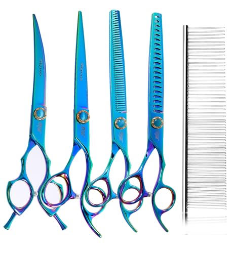 7.5'' Dog Scissors Set for Grooming 440C Stainless Steel Green Professional Pet Trimming Scissors Sharp Blades Cutting for Dogs and Cats Shears - style: SET