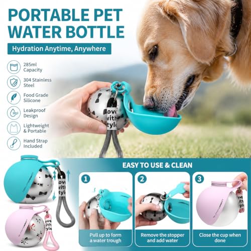Portable Dog Water Bottle 10oz – Stainless Steel Travel Puppy Water Dispenser with No-Spill Bowl for Walking Hiking Small Dogs Outdoor (Pink) - color: Pink