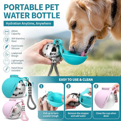 Portable Dog Water Bottle 10oz – Stainless Steel Travel Puppy Water Dispenser with No-Spill Bowl for Walking Hiking Small Dogs Outdoor (Blue) - color: Blue