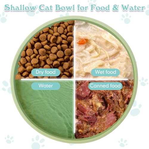 Silicone Cat Food Bowls Shallow Cat Dishes 5.9in Wide Pet Plates Set of 2 Small Flat Dog Saucer Bowl Cute Whisker Fatigue Kitten Feeding Dish for Dry & Wet Food (Round Bean Green) - color: Bean Green, size: M: 5.9 inches - without Suction Cup
