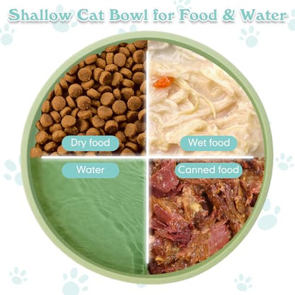 Silicone Cat Food Bowls Shallow Cat Dishes 5.9in Wide Pet Plates Set of 2 Small Flat Dog Saucer Bowl Cute Whisker Fatigue Kitten Feeding Dish for Dry & Wet Food (Round Bean Green) - color: Bean Green, size: M: 5.9 inches - without Suction Cup