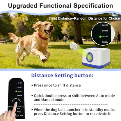 MEKAPLE Automatic Dog Ball Launcher with Barking Function, Auto+Manual Mode Interactive Dog Fetch Toy with 4 Adjustable Distances, Dog Balls Thrower for Small & Medium Dogs, with 4 Durable ETPU Balls - color: White and Blue